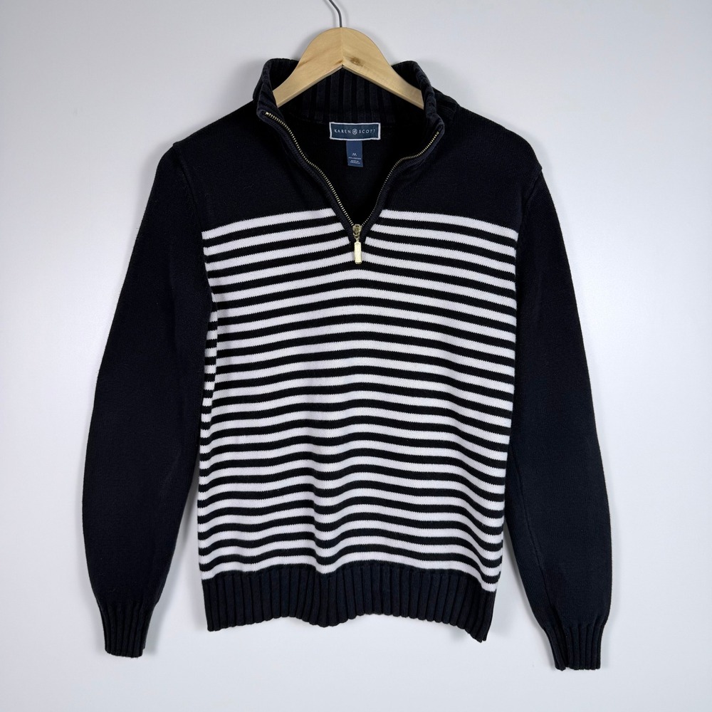 Karen Scott Women M Navy White Stripe Cotton Quarter Zip Sweater Nautical Preppy - Picture 4 of 9